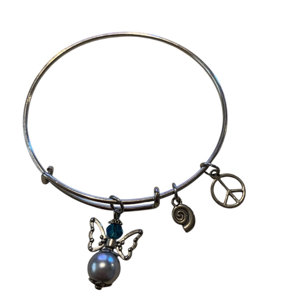 Silver-Tone Angel Charm Bangle Bracelet with Blue Accent